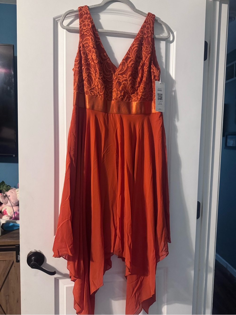 Ever Pretty Orange Lace Bodice Handkerchief Hem Dress